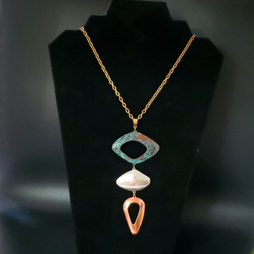 Ballet Metal Matinee Length Necklace In Teal Silver & Brass